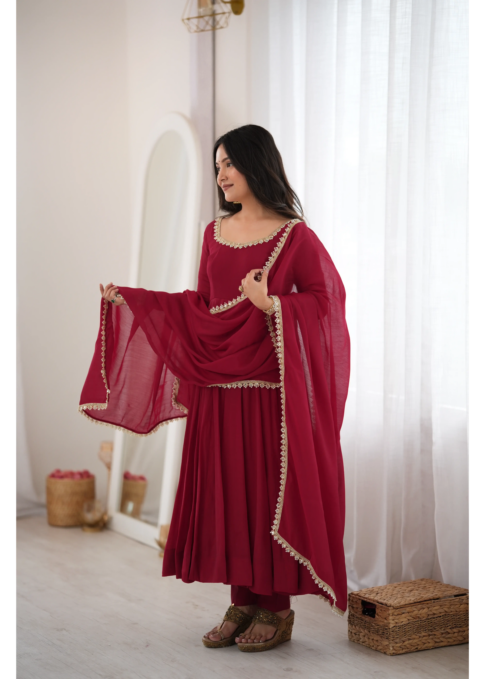 Dark Maroon Mul Chanderi Anarkali Suit with Mirror Lace Work – KU242 | Kalyanja