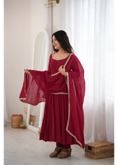 Dark Maroon Mul Chanderi Anarkali Suit with Mirror Lace Work – KU242 | Kalyanja