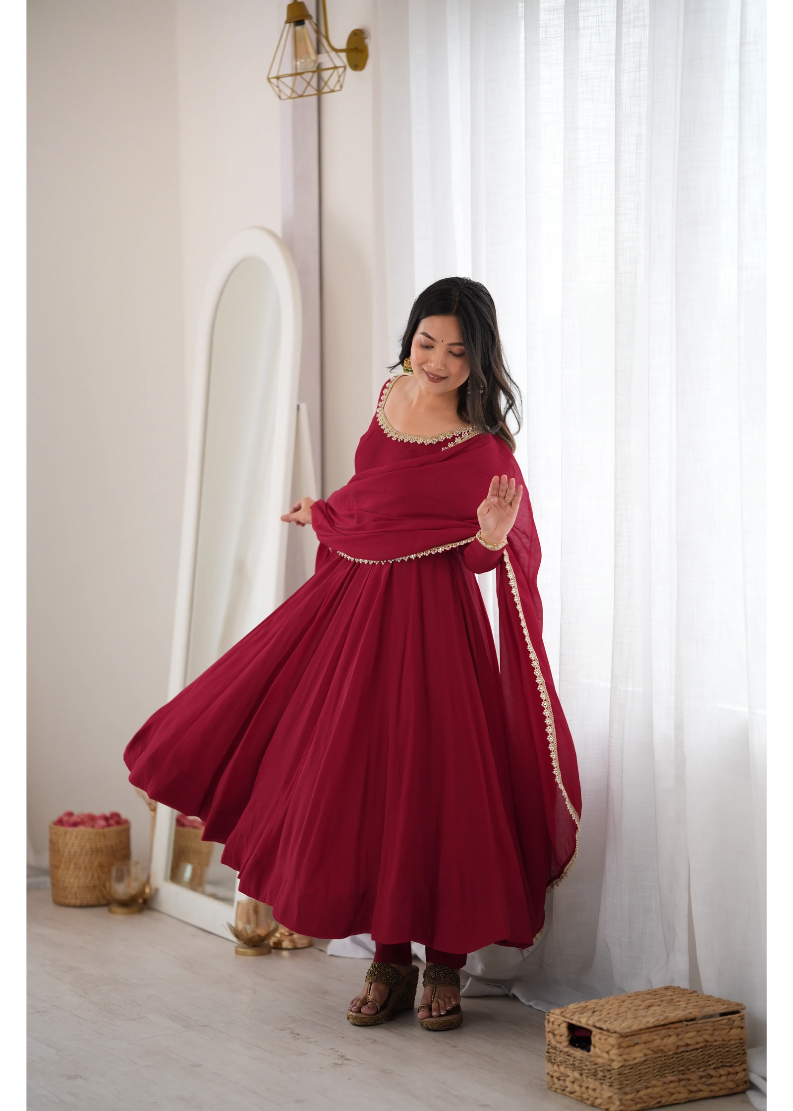 Dark Maroon Handwork Suit – Side View with Dupatta | Kalyanja
