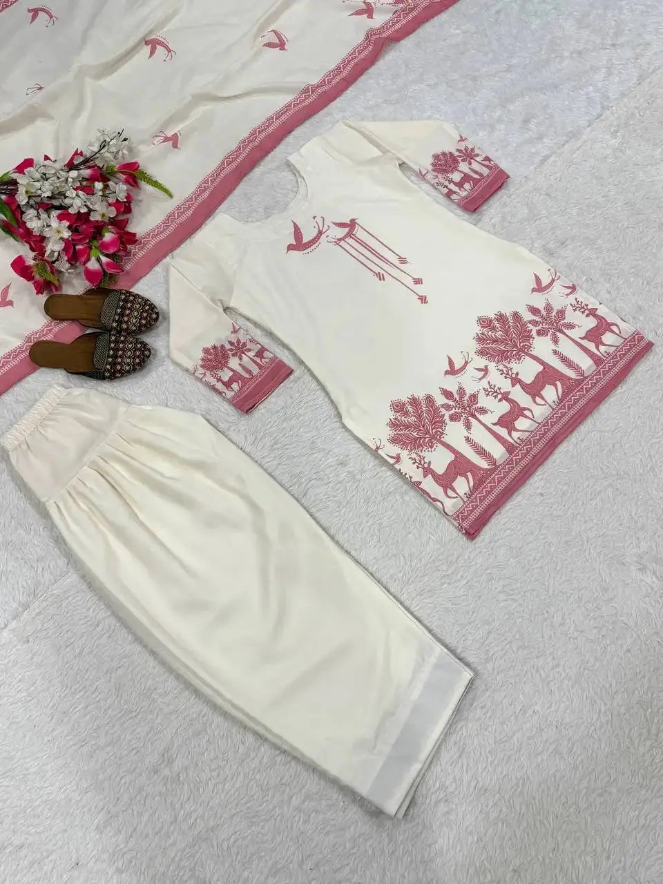 White Cotton Suit Farshi Shalwar and Dupatta Flat Lay – KU243