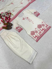 White Cotton Suit Farshi Shalwar and Dupatta Flat Lay – KU243