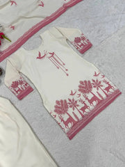 White Cotton Suit Flat Lay Showing Hem Print and Cuff Detail – KU243