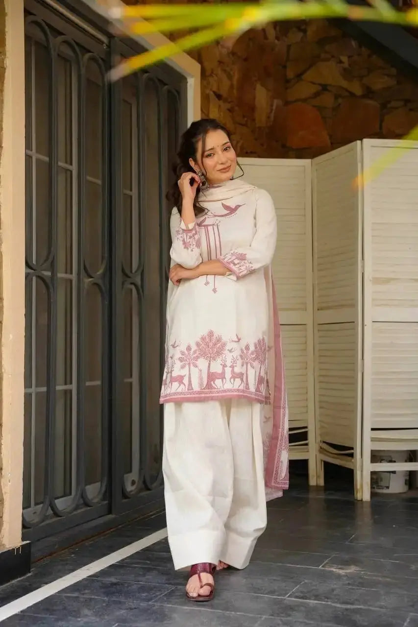White Folk Print Cotton Suit with Farshi Shalwar – KU243