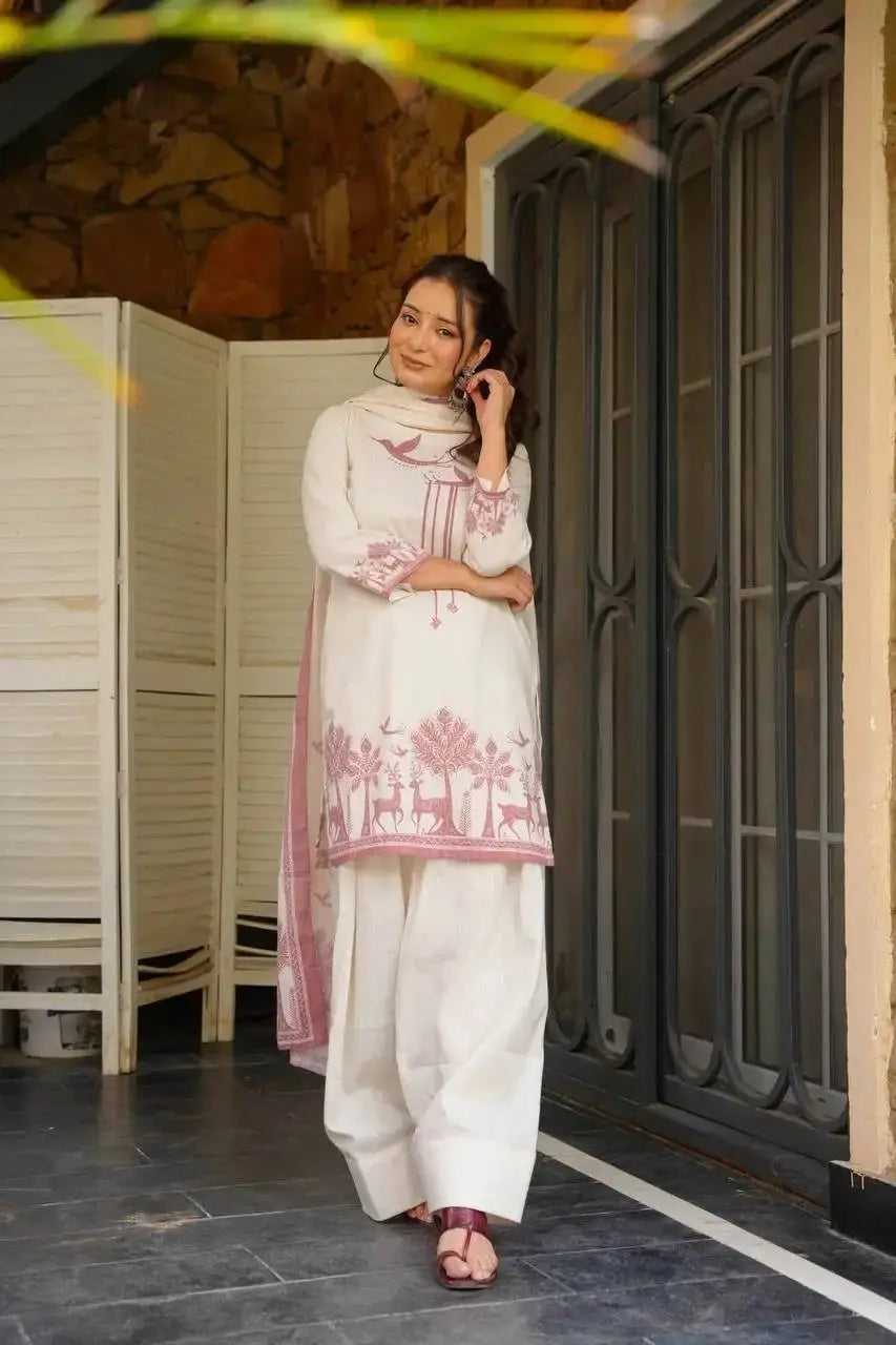 White Digital Print Cotton Suit with Farshi Shalwar and Dupatta – KU243