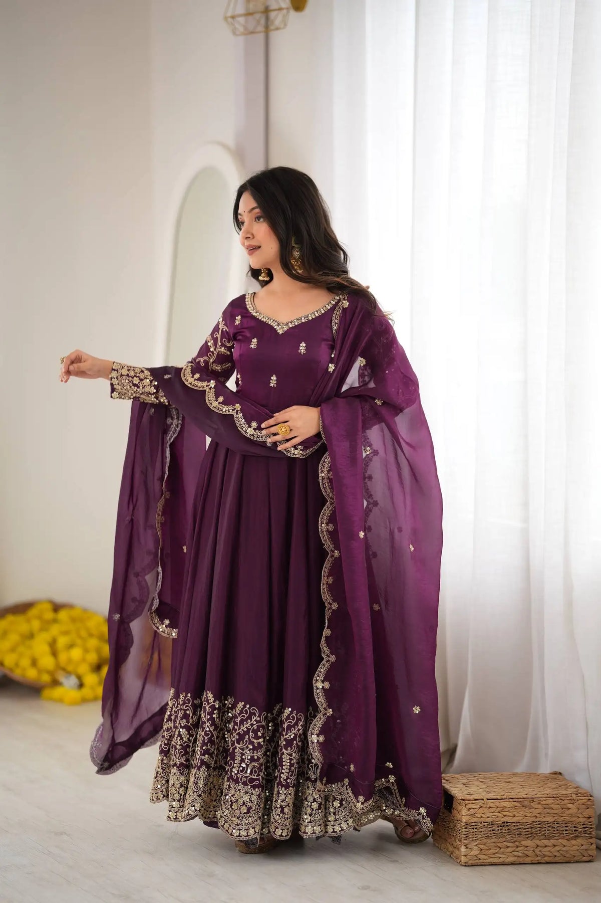 Purple Anarkali Suit – second back view with embroidered booti dupatta