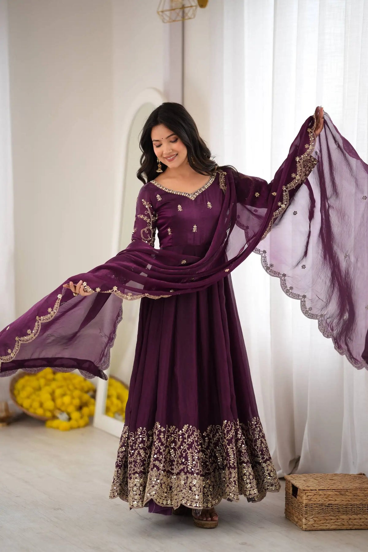 Purple Sequins Embroidered Anarkali Suit – back view showing open tie-up back