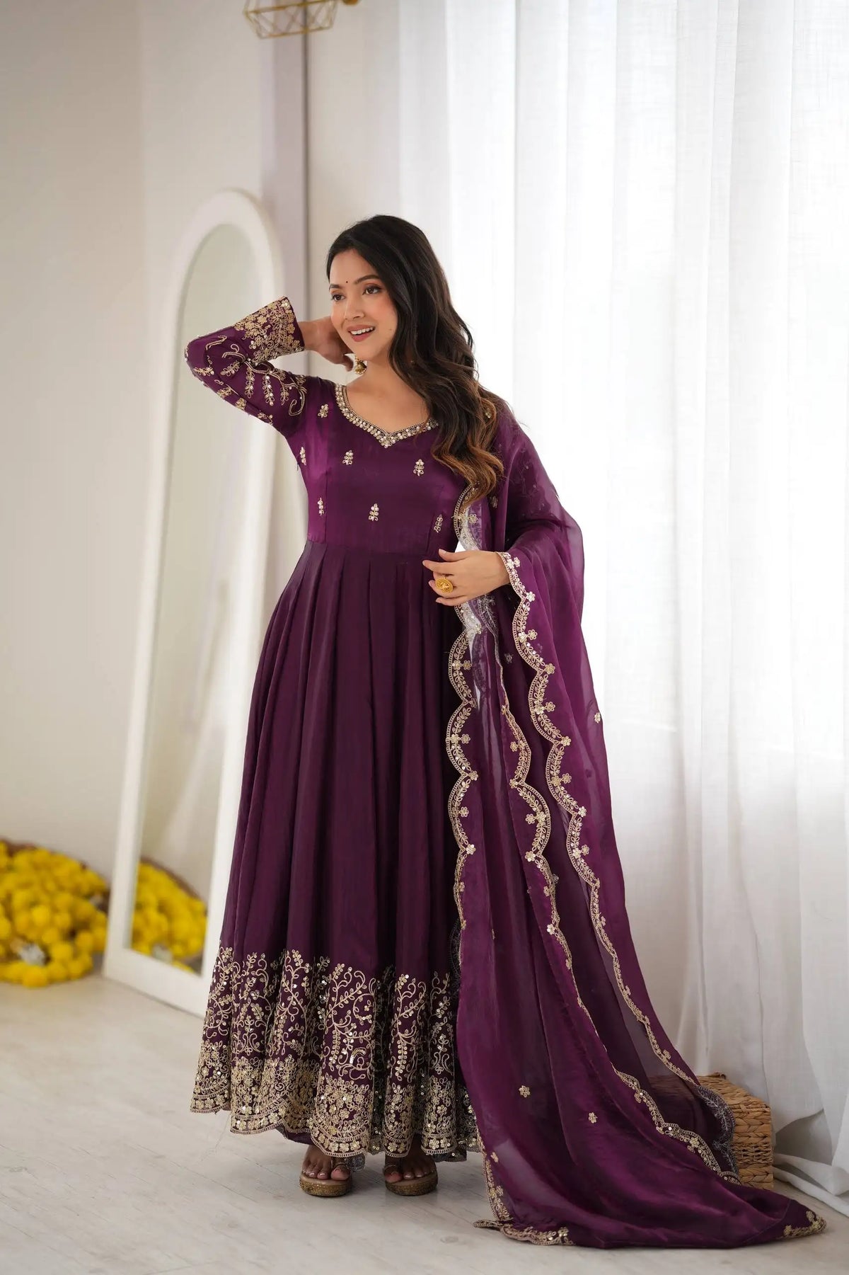 Purple Anarkali Suit – close-up of gold sequins hem border embroidery floral medallions
