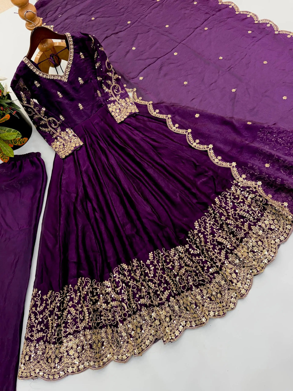 Purple Sequins Embroidered Anarkali Suit flat lay – suit, straight pant and booti dupatta with zari border