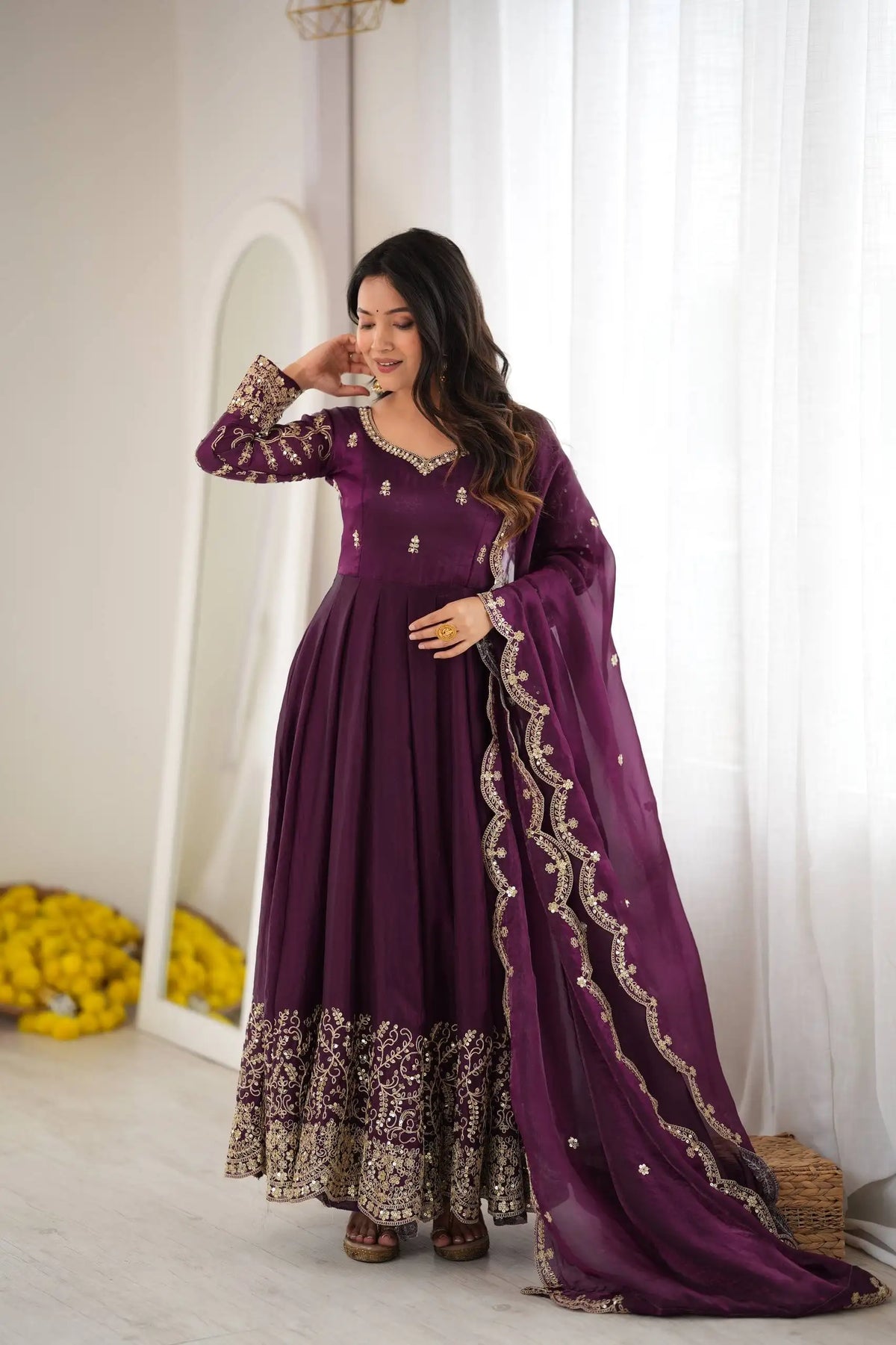 Purple Anarkali Suit – second front view showing full flair and straight pant