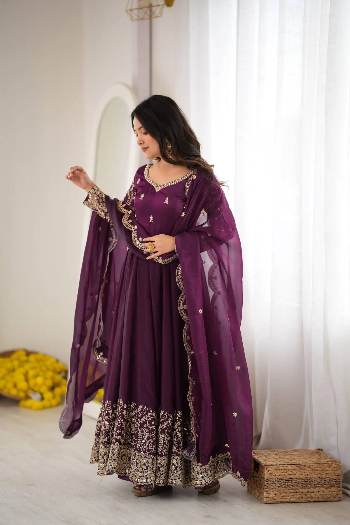 Purple Sequins Embroidered Anarkali Suit – front view, 50-inch floor-length flair and round neck