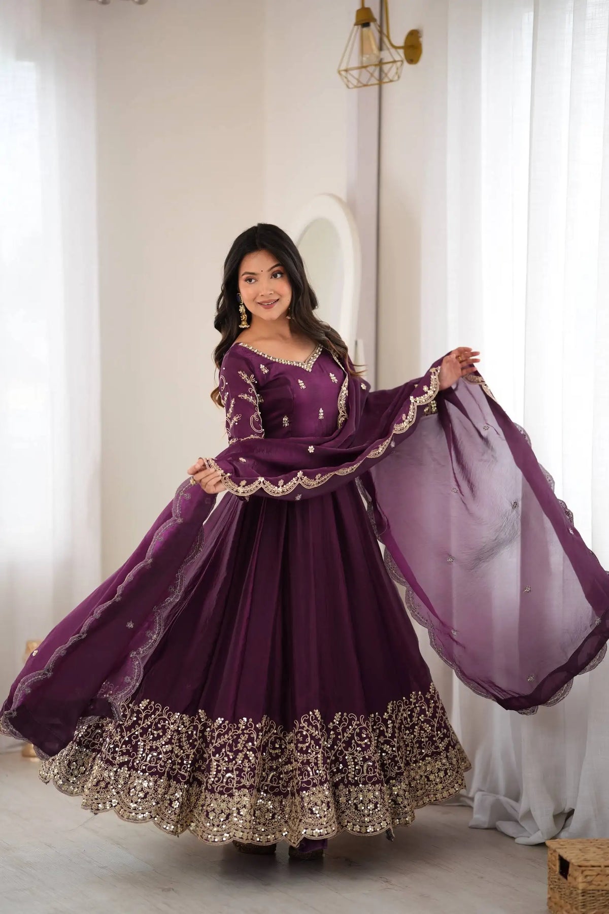 Purple Anarkali Suit – second full-length pose showing complete 3-piece set
