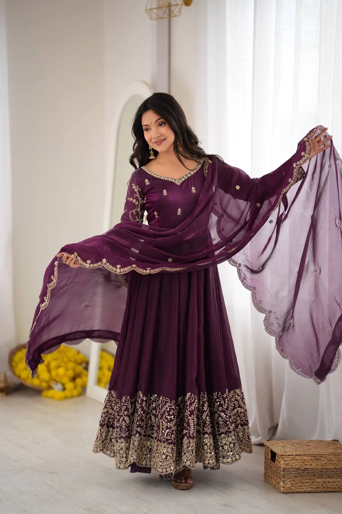 Purple Suit – third full-length view highlighting Anarkali flair and gold embroidery