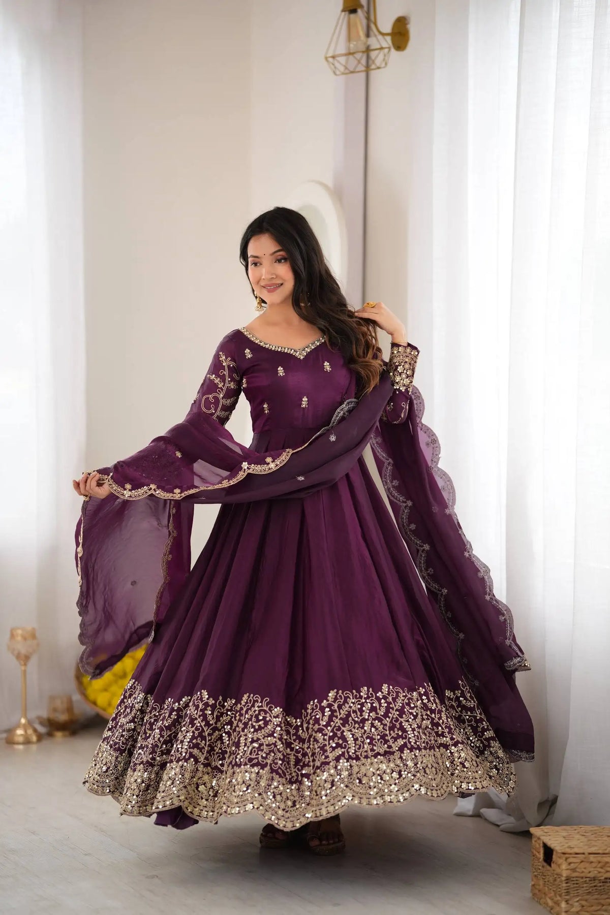 Purple Anarkali Suit – full-length angled pose showing hem border and dupatta