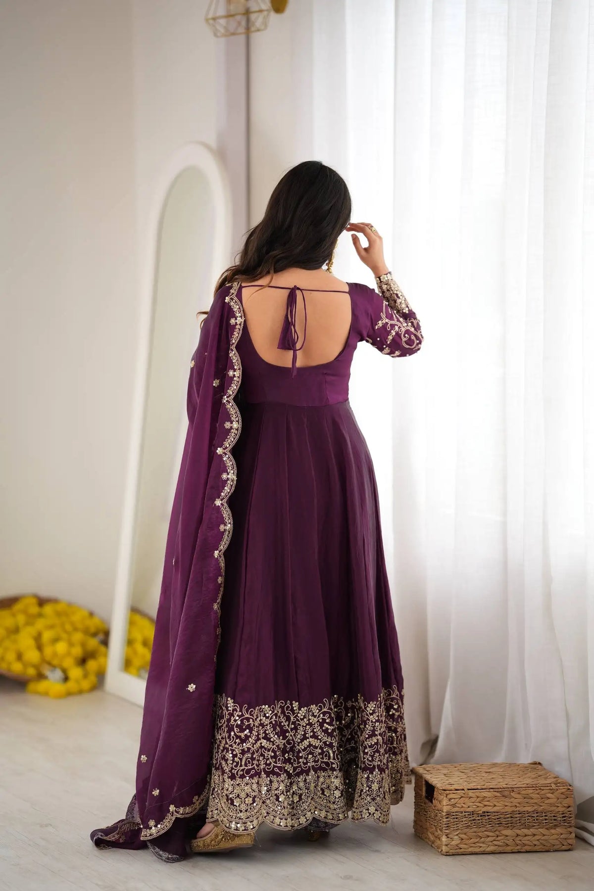 Purple Embroidered Anarkali Suit – full-length pose with dupatta draped over shoulder