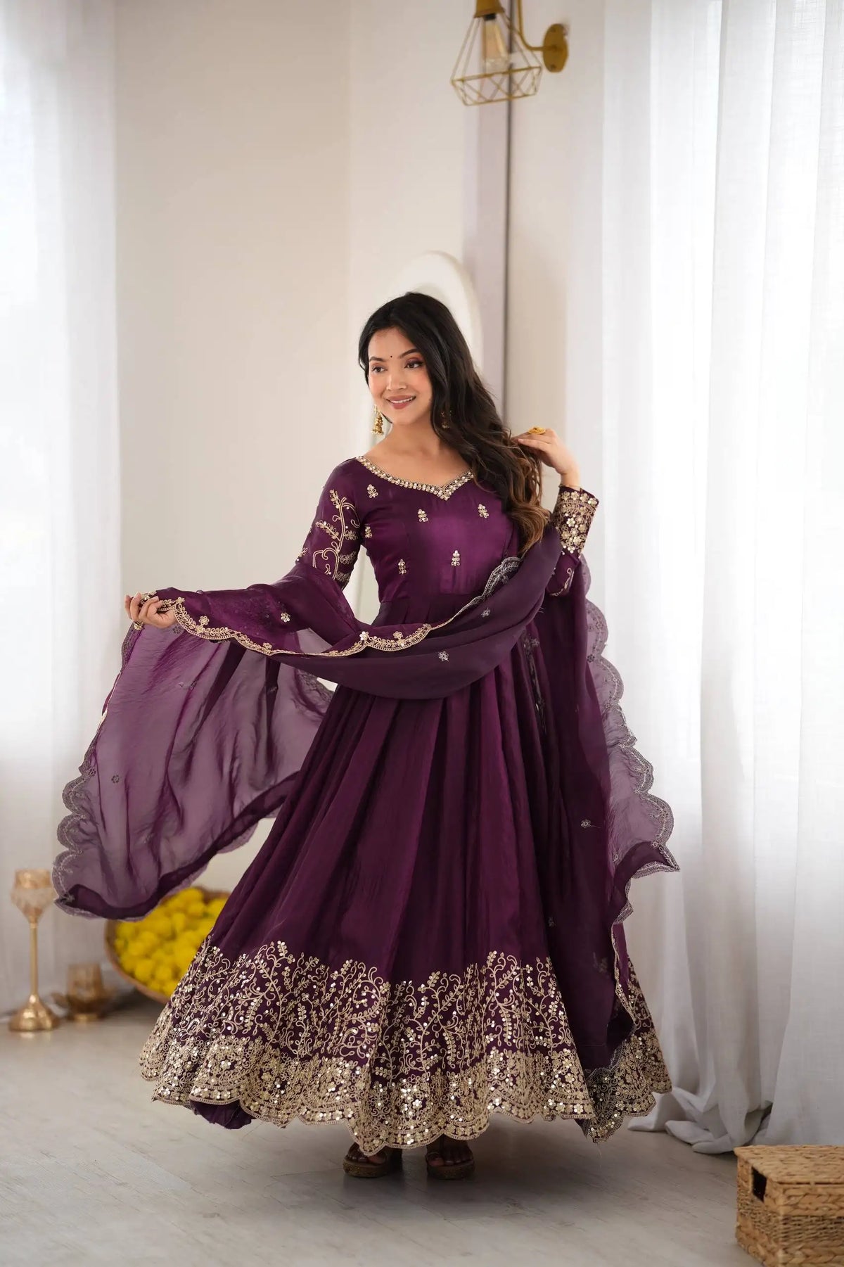 Purple Anarkali Suit – standing full-length pose showing straight pant and wide flair