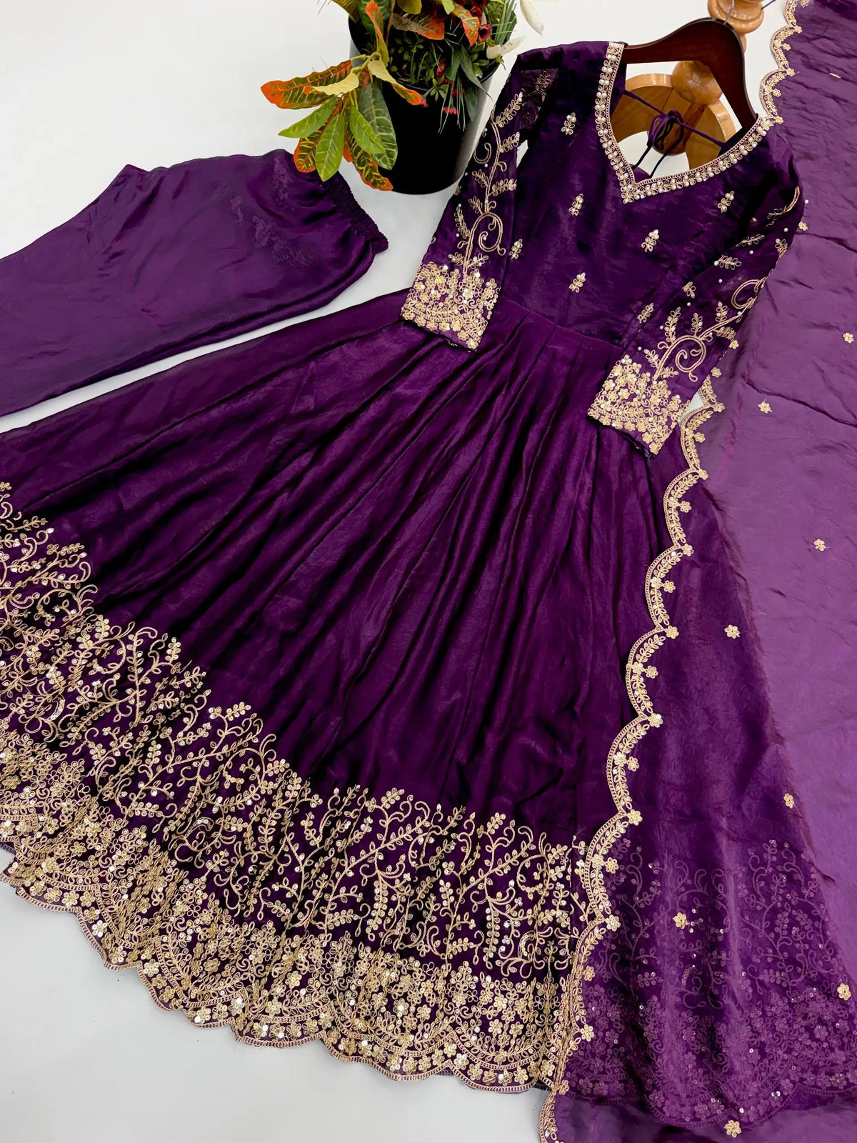 Purple Suit – full-length side-angle view showing 50-inch Anarkali sweep