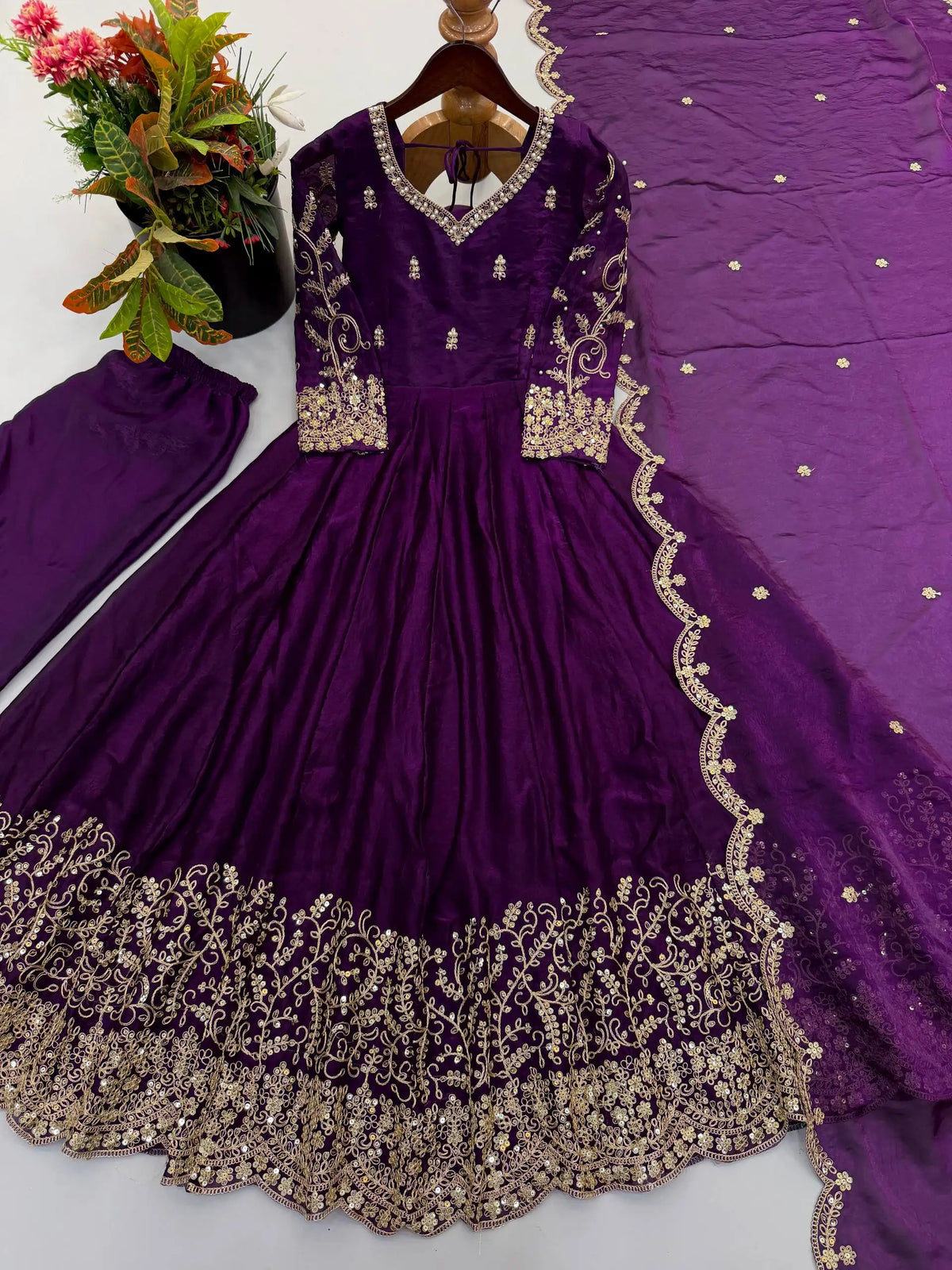Purple Embroidered Anarkali Suit – full-length walking pose showing flair movement