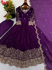 Purple Embroidered Anarkali Suit – full-length walking pose showing flair movement