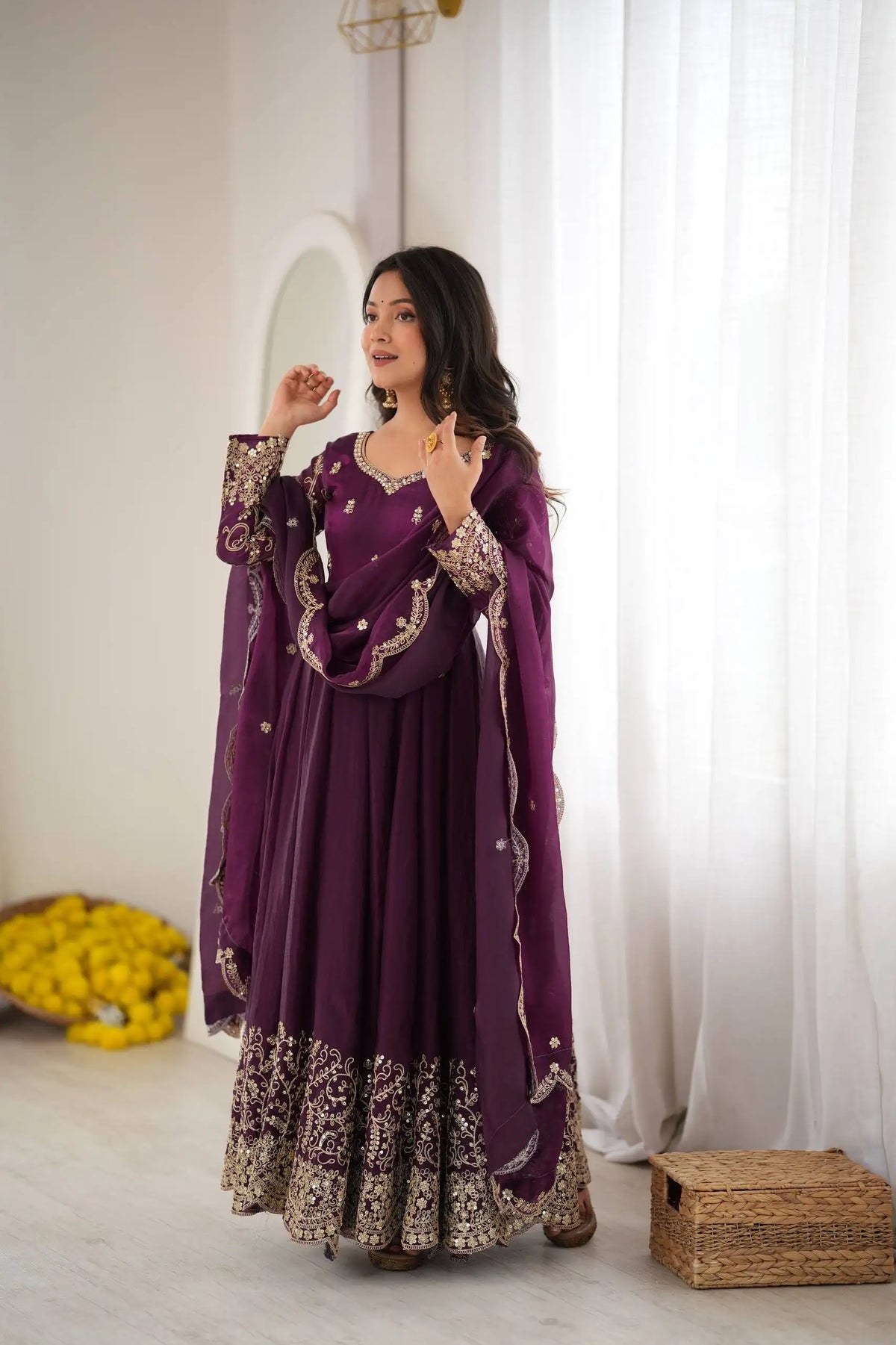 Purple Sequins Embroidered Anarkali Suit – full-length model shot with pant and dupatta