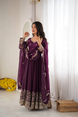 Purple Sequins Embroidered Anarkali Suit – full-length model shot with pant and dupatta