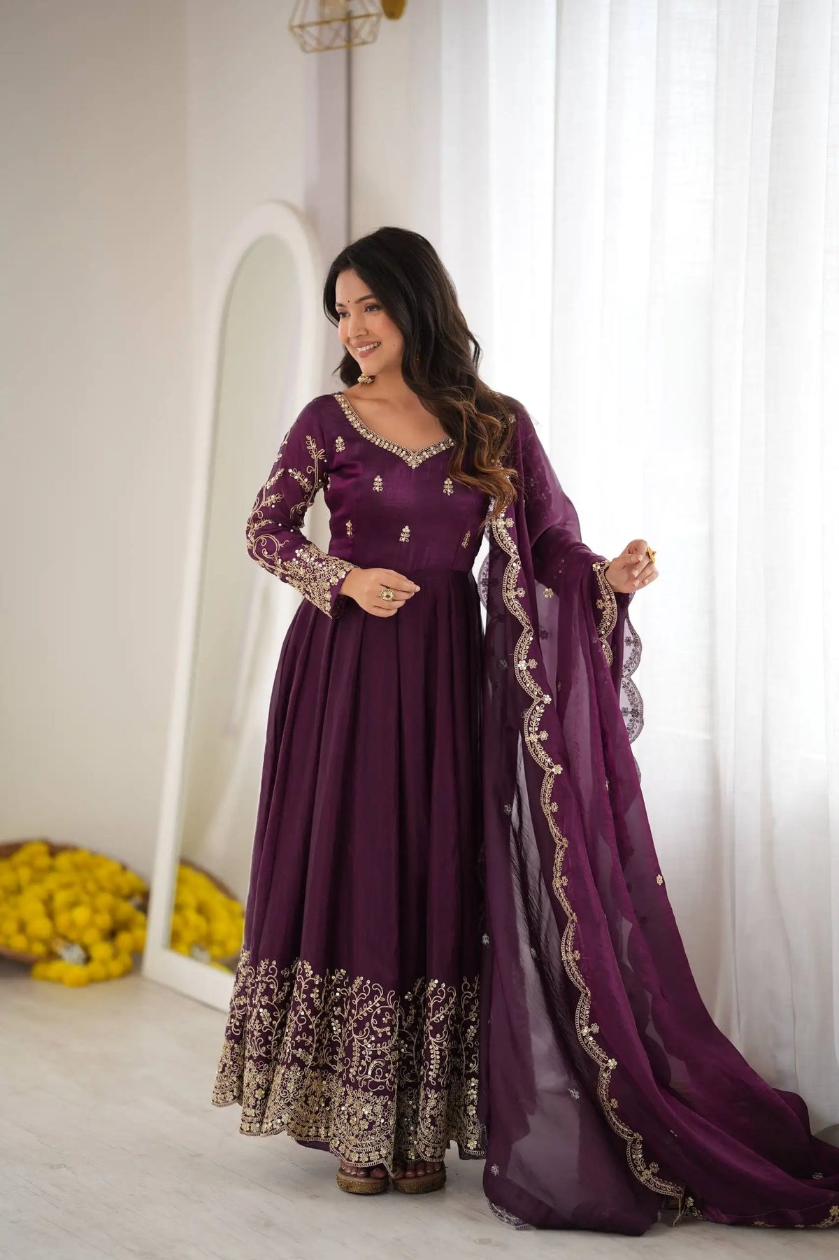 Purple Sequins Embroidered Suit – side view showing Anarkali silhouette and dupatta drape