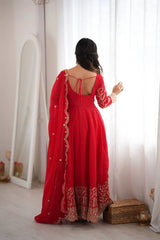 Red Anarkali Suit Back View Showing Open Tie-Up Neckline – KU244