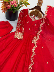 Red Anarkali Suit Embroidery and Cuff Detail Close-Up – KU244
