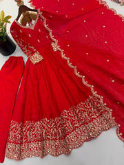Red Anarkali Suit Full Set Angled Flat Lay – KU244