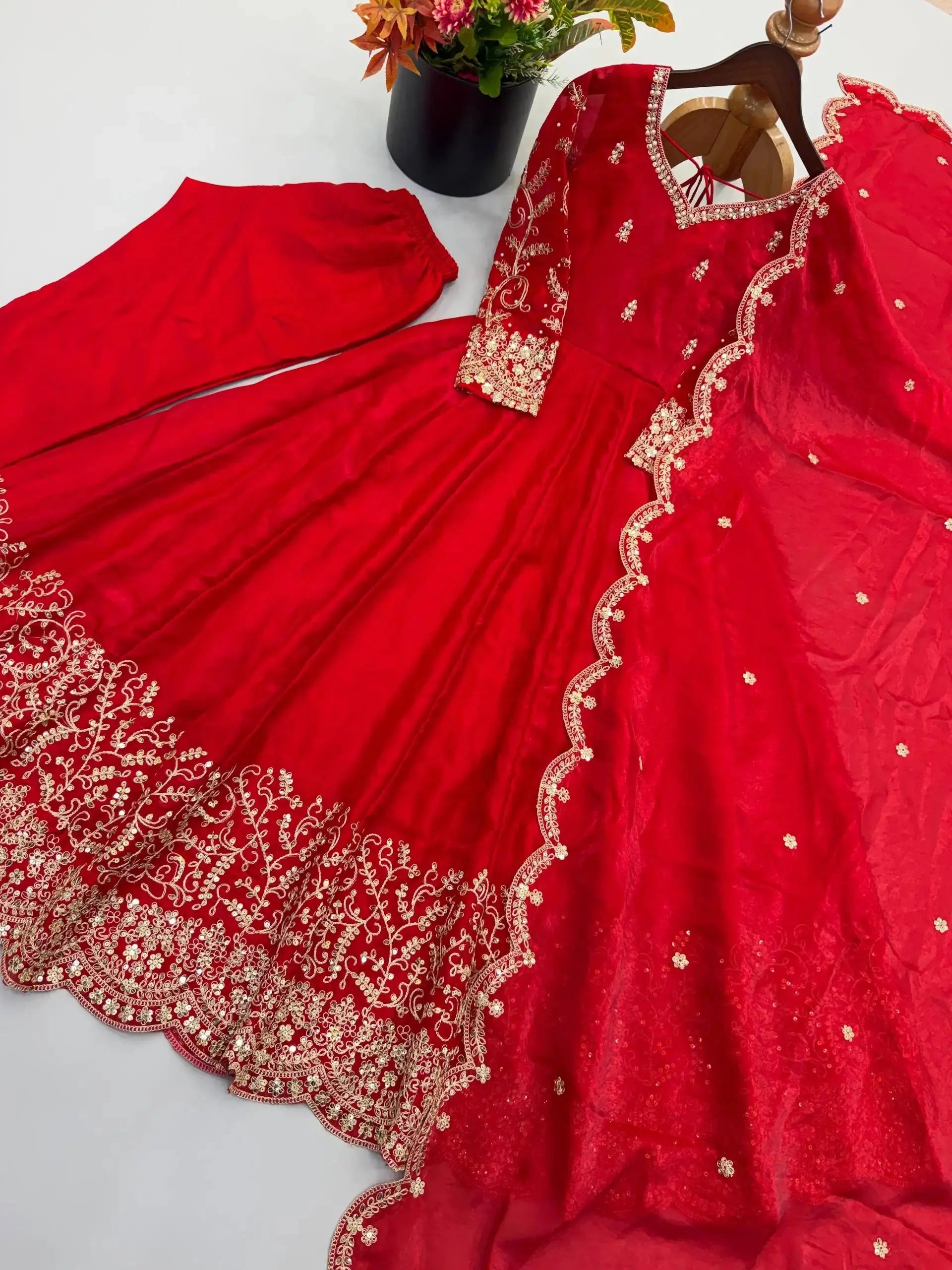 Red Sequins Embroidered Anarkali Suit Set Flat Lay – KU244