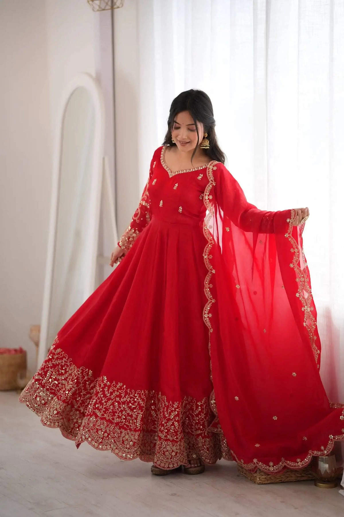 Red Anarkali Suit with Full Sleeve and Embroidered Cuff – KU244