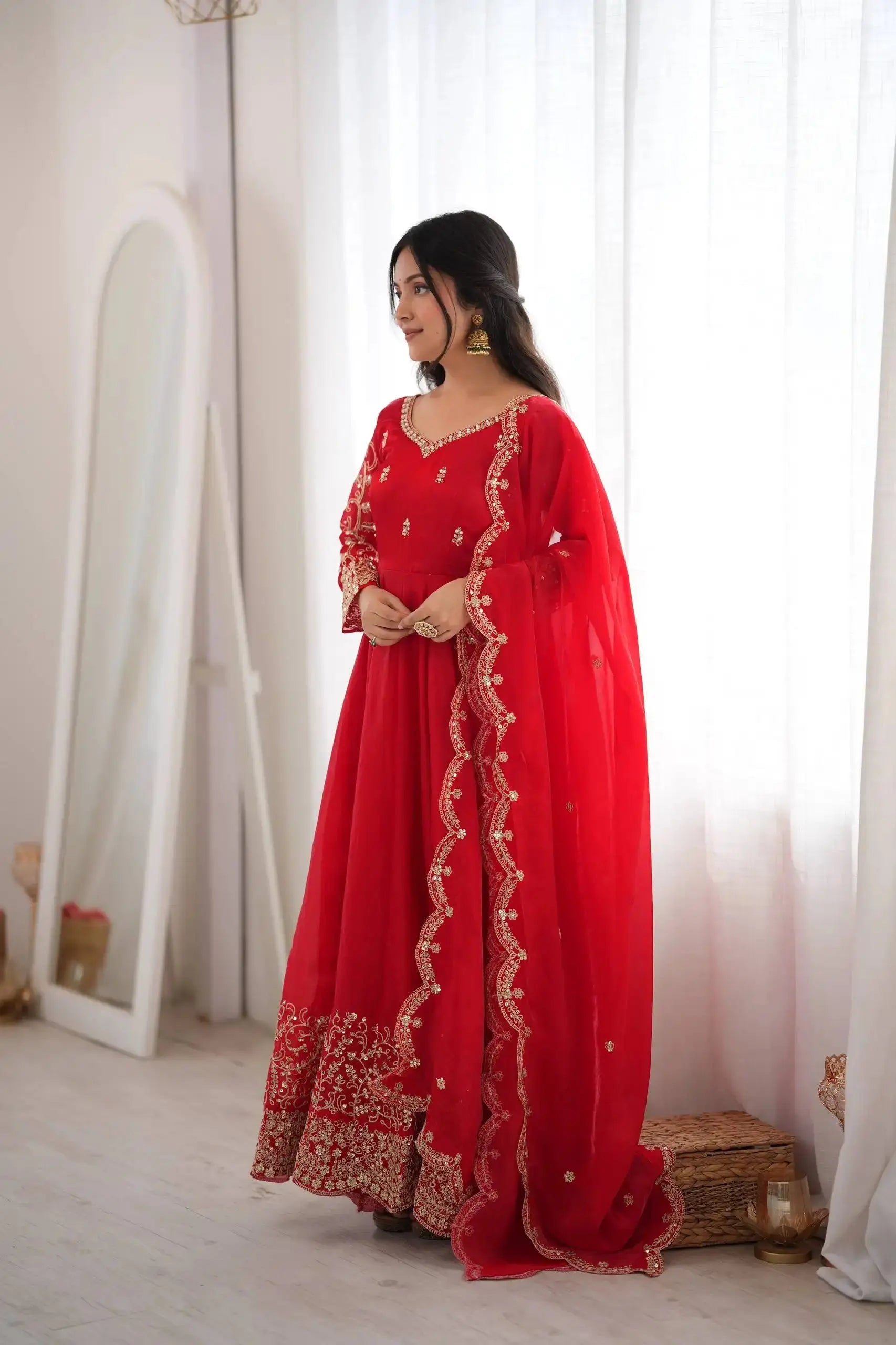 Red Sequins Embroidered Suit with Straight Pant and Dupatta – KU244