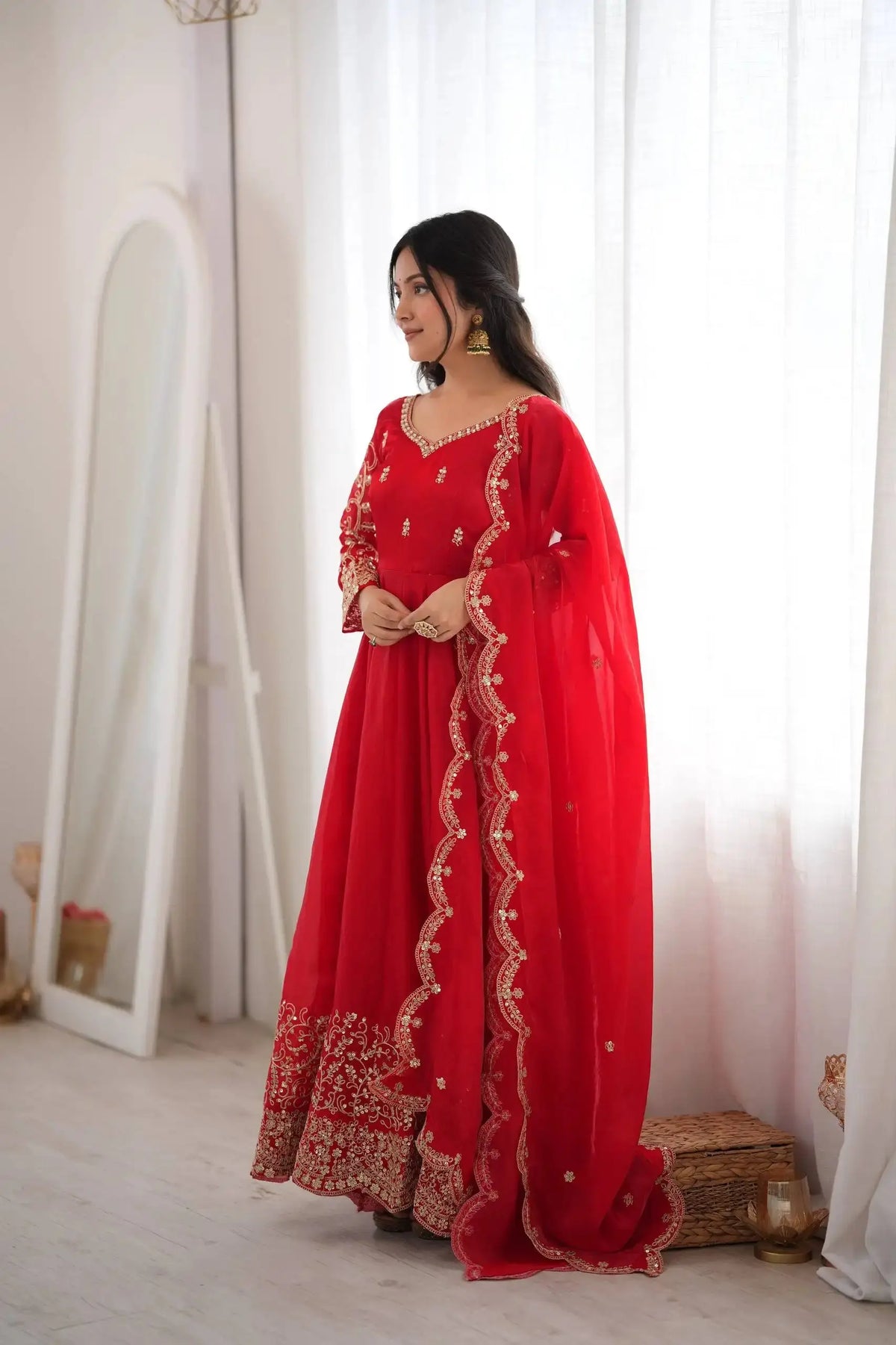 Red Sequins Embroidered Suit with Straight Pant and Dupatta – KU244