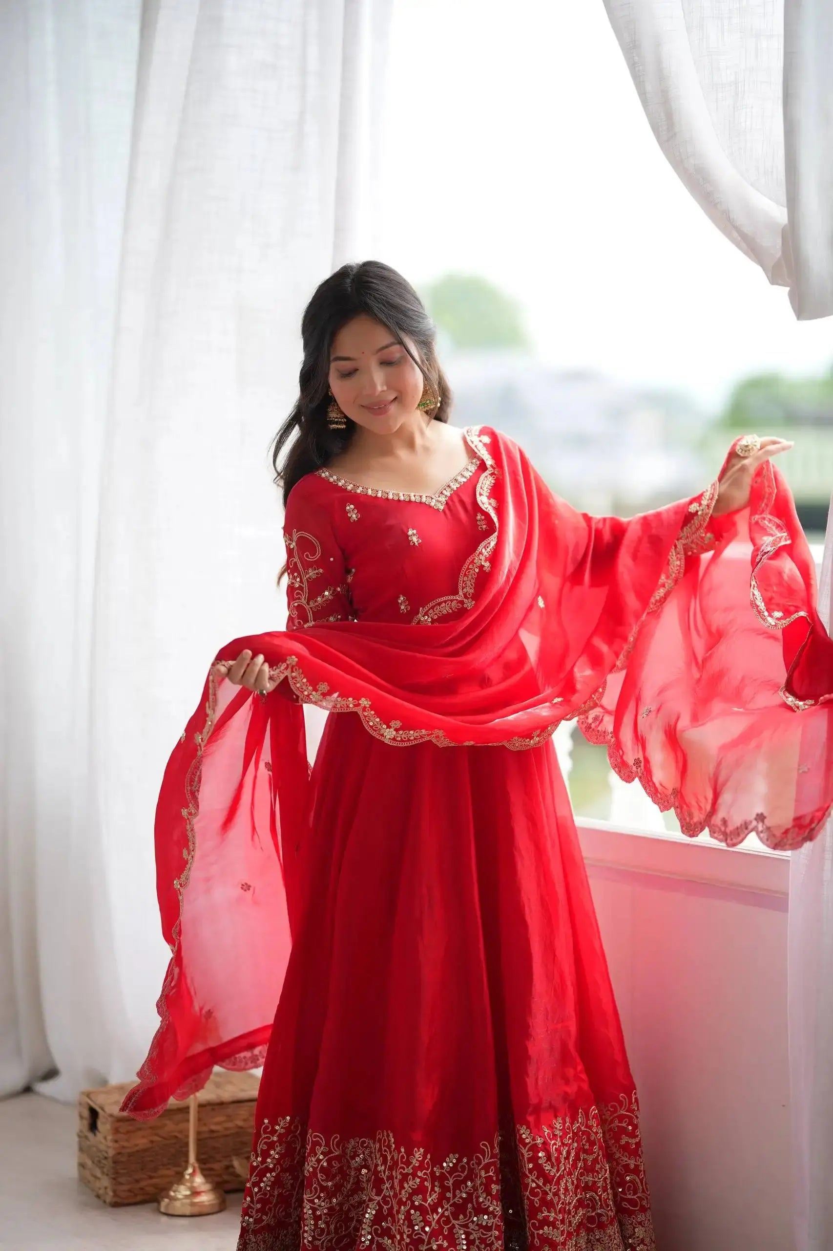 Red Sequins Suit with Dupatta Spread at Window – KU244