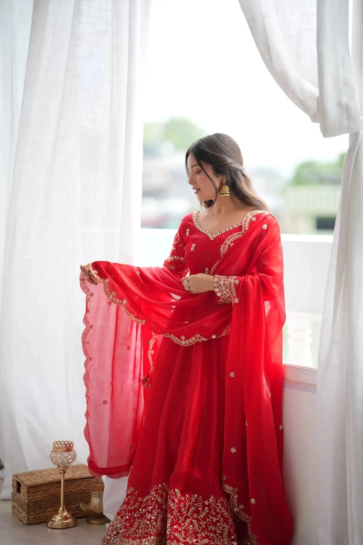 Red Anarkali Suit Natural Light Close-Up – KU244