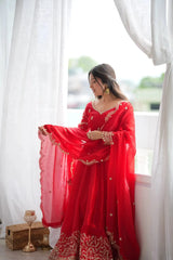 Red Anarkali Suit Natural Light Close-Up – KU244