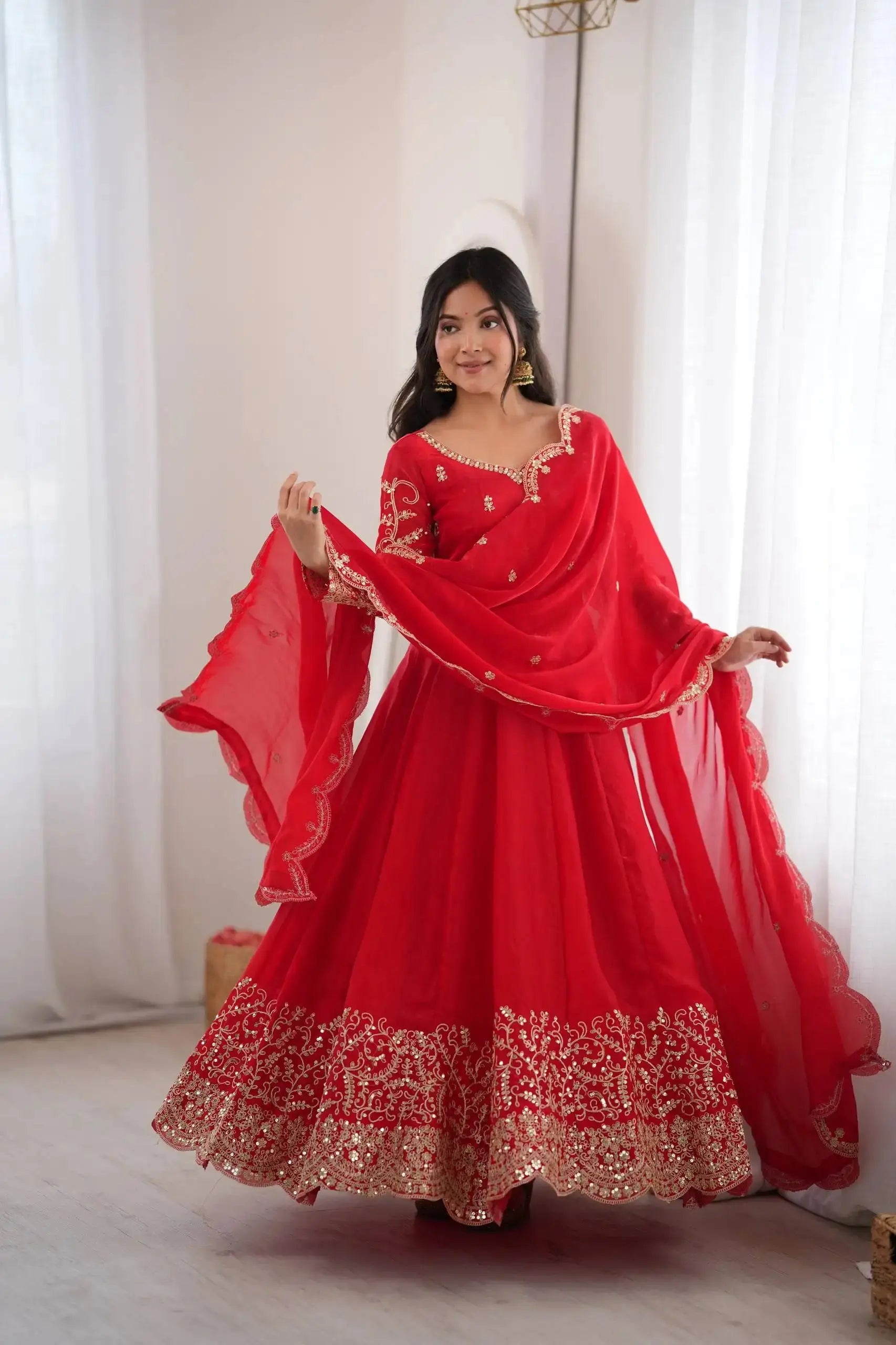 Red Sequins Embroidered Anarkali Suit with Pant and Dupatta – KU244