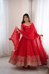 Red Sequins Embroidered Anarkali Suit with Pant and Dupatta – KU244
