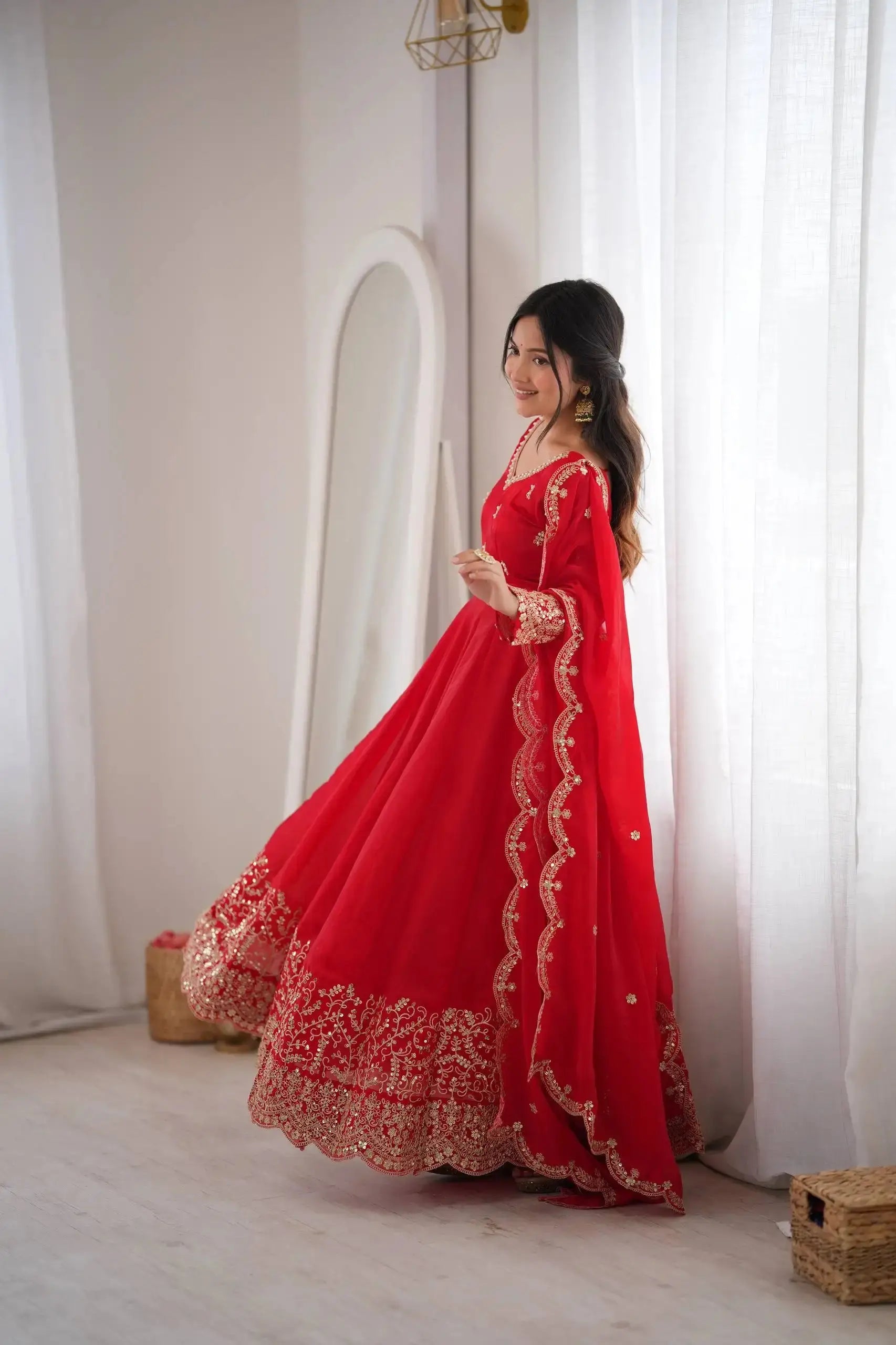 Red Fendy Silk Anarkali Suit with Flowing Skirt Side View – KU244