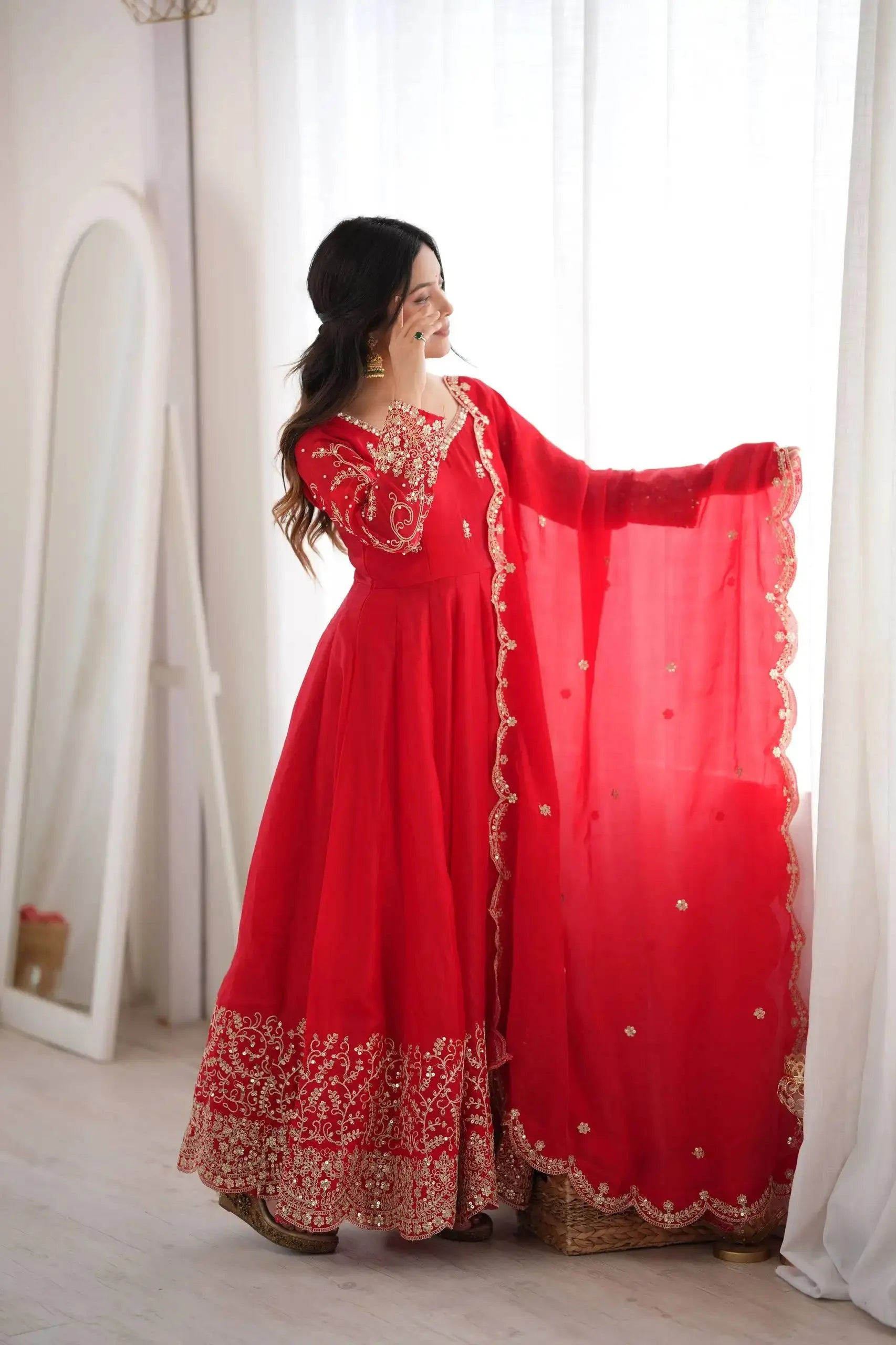 Red Anarkali Suit Side Profile with Scalloped Gold Dupatta – KU244