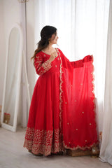 Red Anarkali Suit with Embroidered Border Side View – KU244
