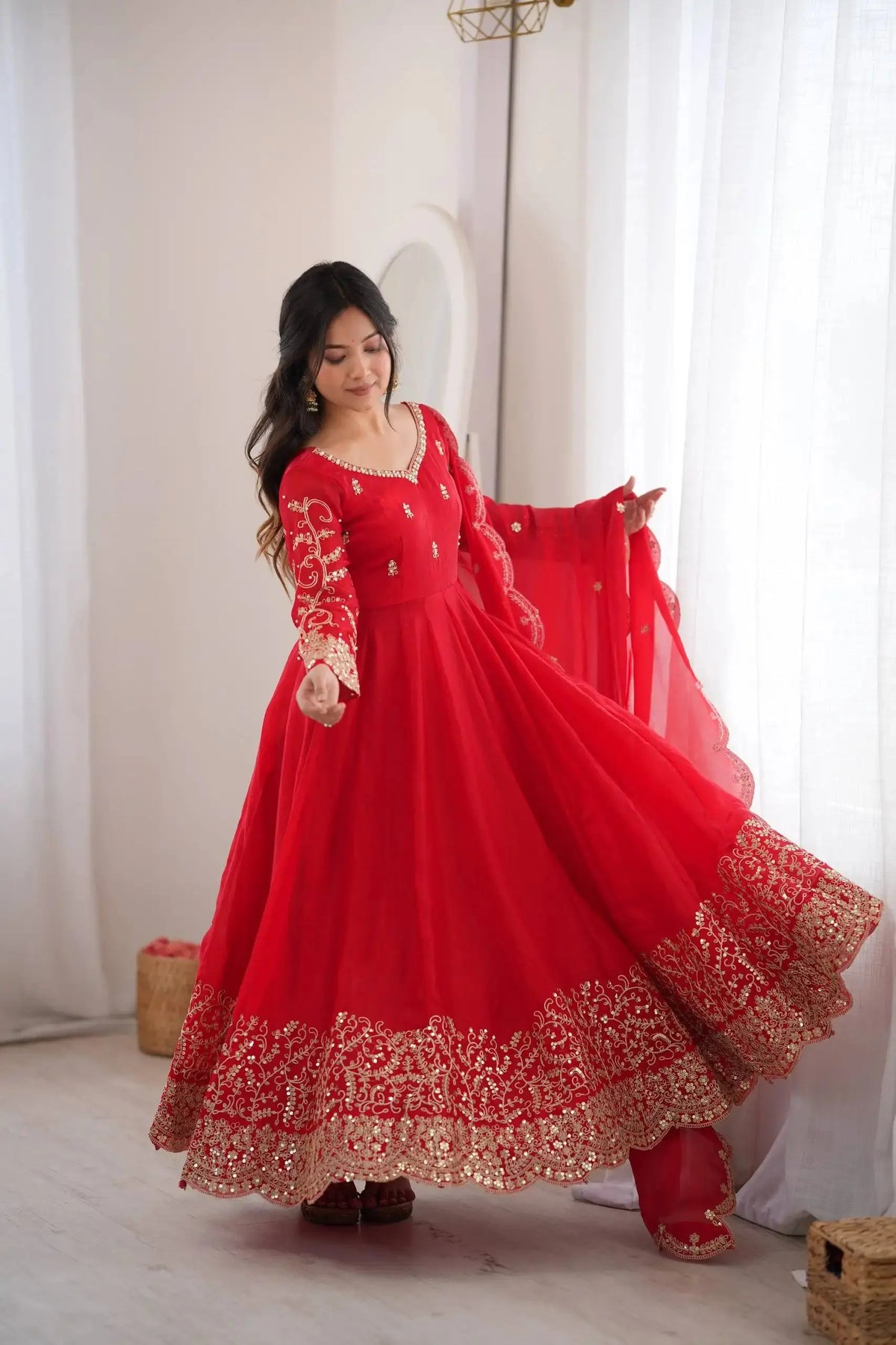 Red Sequins Embroidered Anarkali Suit Twirl View Showing Full Flare – KU244