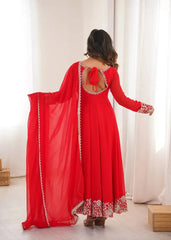 Red Sequins Embroidered Suit – Back View with U-Back Tie-Up | Kalyanja