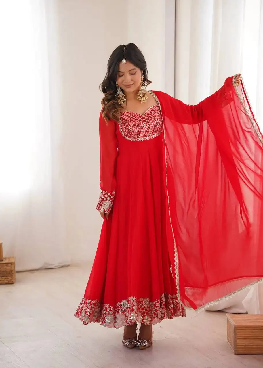 Red Sequins Embroidered Suit with Dupatta – KU245 | Kalyanja