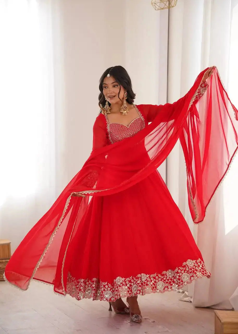 Red Faux Georgette Anarkali Suit – Flare Spin Shot | Kalyanja