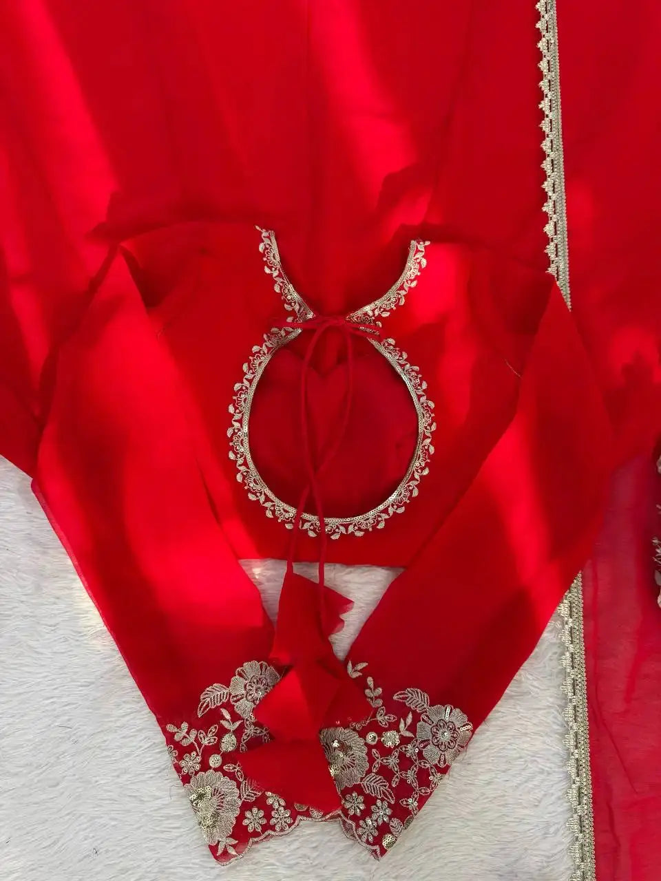 Red Anarkali Suit – Flat Lay U-Back and Cuff Detail | KU245 | Kalyanja