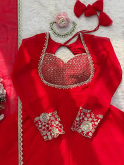 Red Sequins Embroidered Suit – Flat Lay Sweetheart Bodice Close-Up | Kalyanja