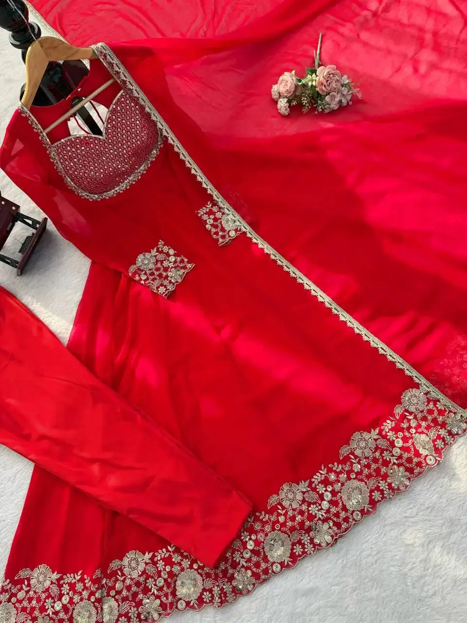 Red Anarkali Suit – Flat Lay Bodice and Cuff Embroidery Detail | Kalyanja