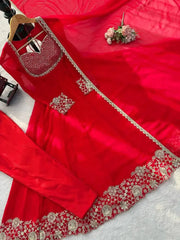 Red Anarkali Suit – Flat Lay Bodice and Cuff Embroidery Detail | Kalyanja