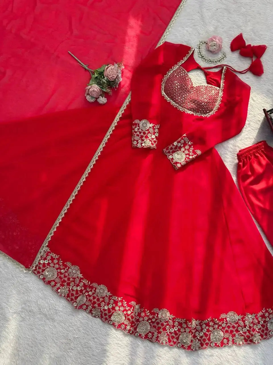 Red Sequins Embroidered Anarkali Suit with Pant and Dupatta – Full Set Overhead | Kalyanja
