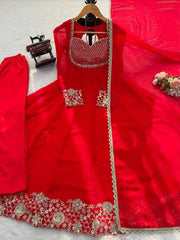 Red Sequins Embroidered Anarkali Suit with Pant and Dupatta – Flat Lay | Kalyanja